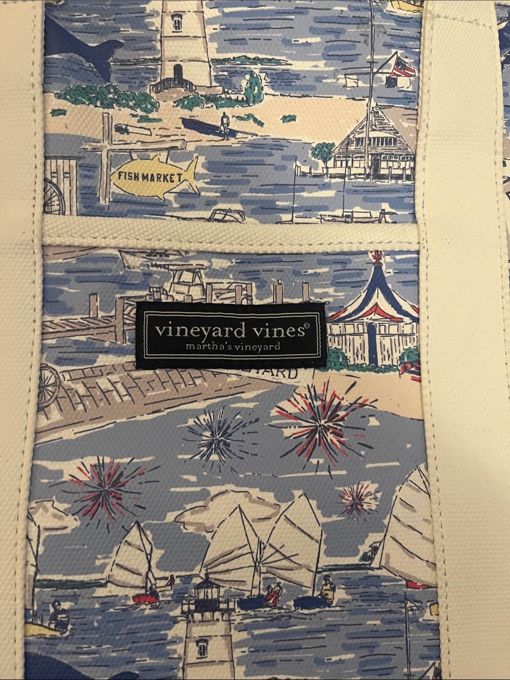Vineyard Vines Blue and White Coastal Print Canvas Tote - Picture 2 of 4